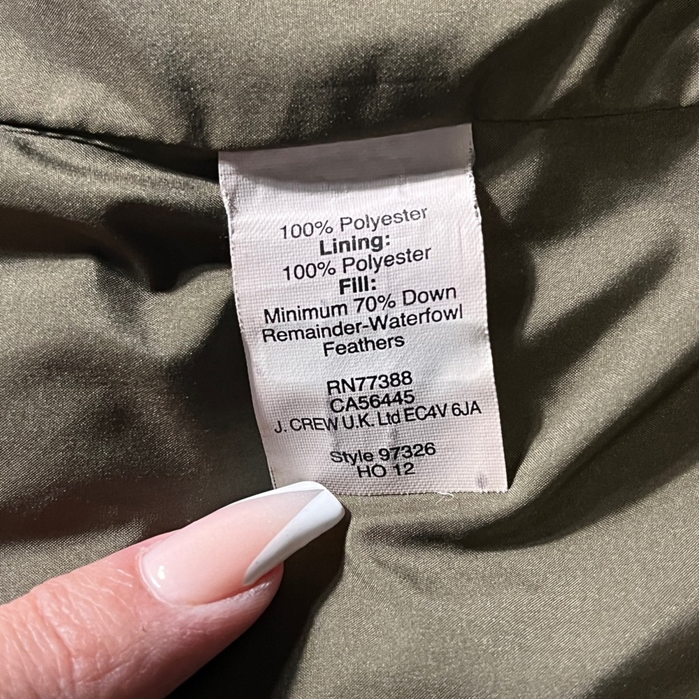 J.Crew Olive Green down-filled quilted puffer jacket Small - Picture 12 of 13